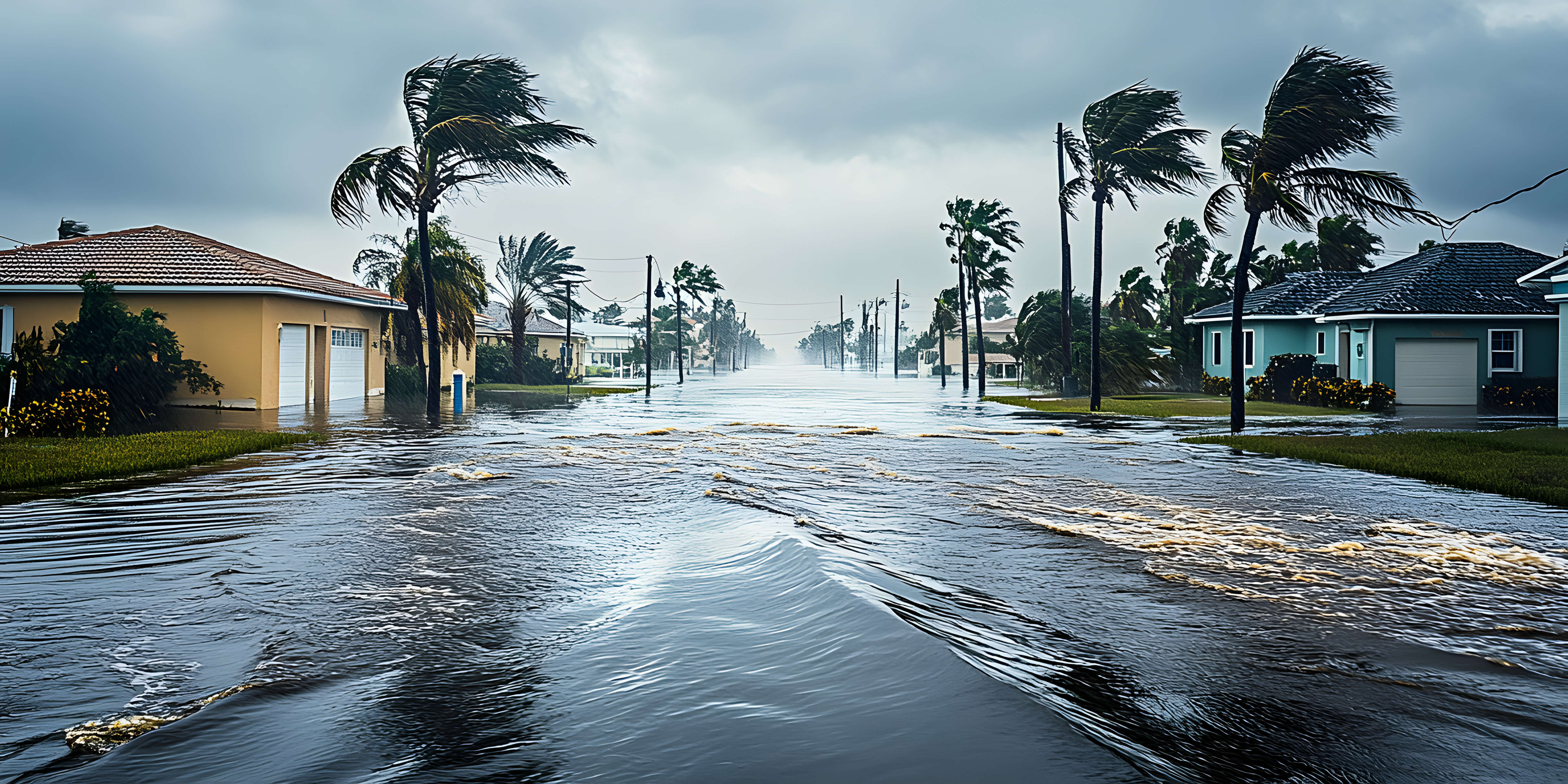 Flooded residential street in Florida with rising water and strong winds, highlighting the importance of flood insurance to protect homes and property.