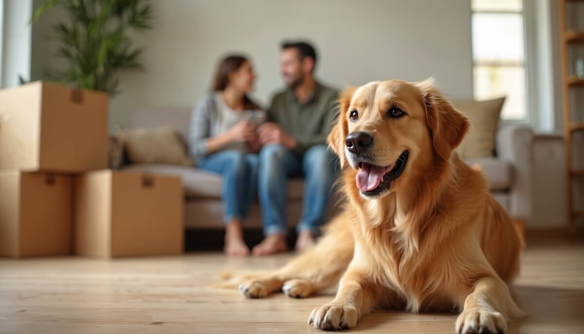 Smiling couple just moved in with their dog relaxing in Florida condo living room, symbolizing protection and comfort with condo insurance.