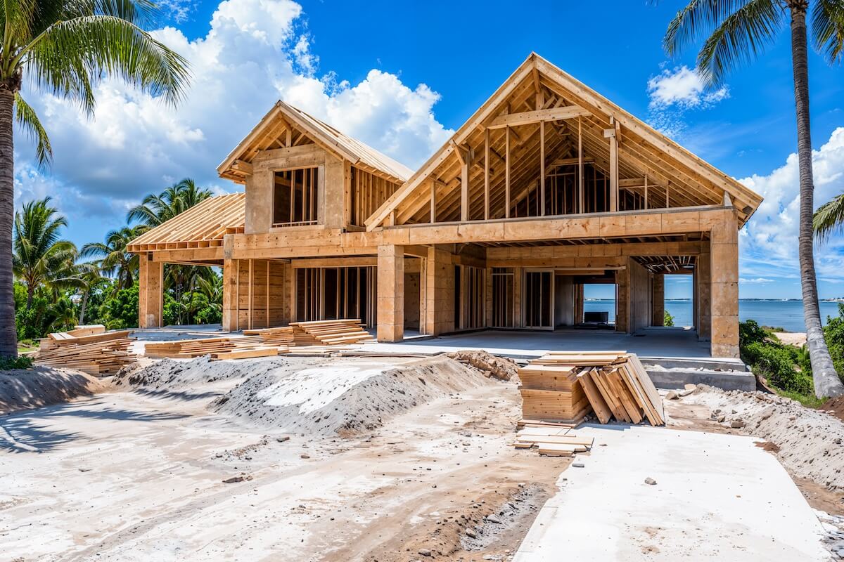 New Florida home under construction with palm trees and sunlight, representing new construction homeowners insurance coverage.