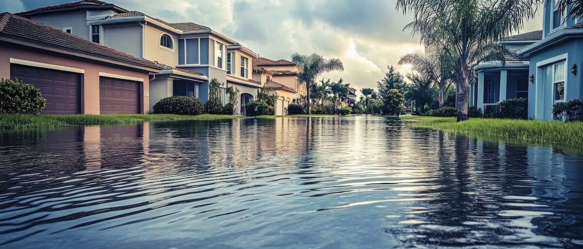Flooded residential street in Florida with palm trees and standing water after a storm, illustrating tFlooded Florida neighborhood street lined with palm trees, illustrating the importance of flood insurance protection from American Integrity.