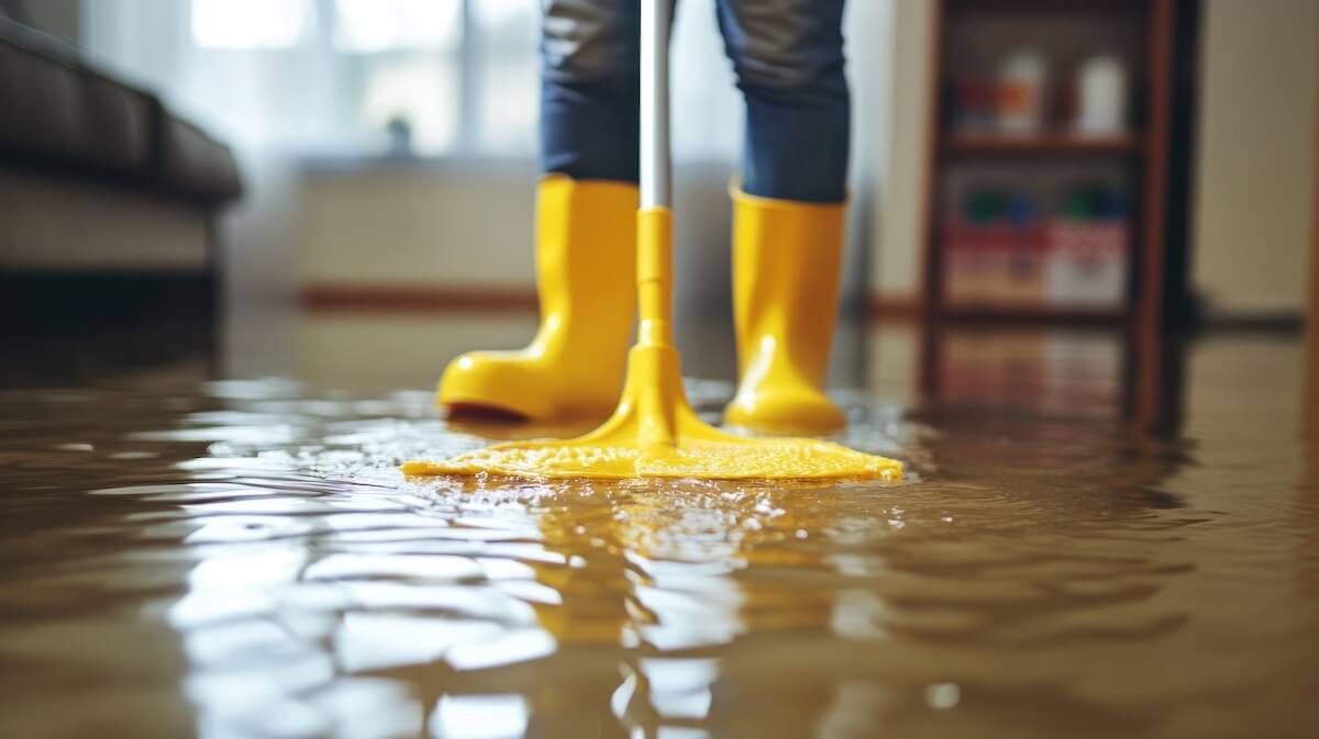 Home interior in Florida with standing water flooding, showing the importance of cleanup, safety, and flood insurance coverage.