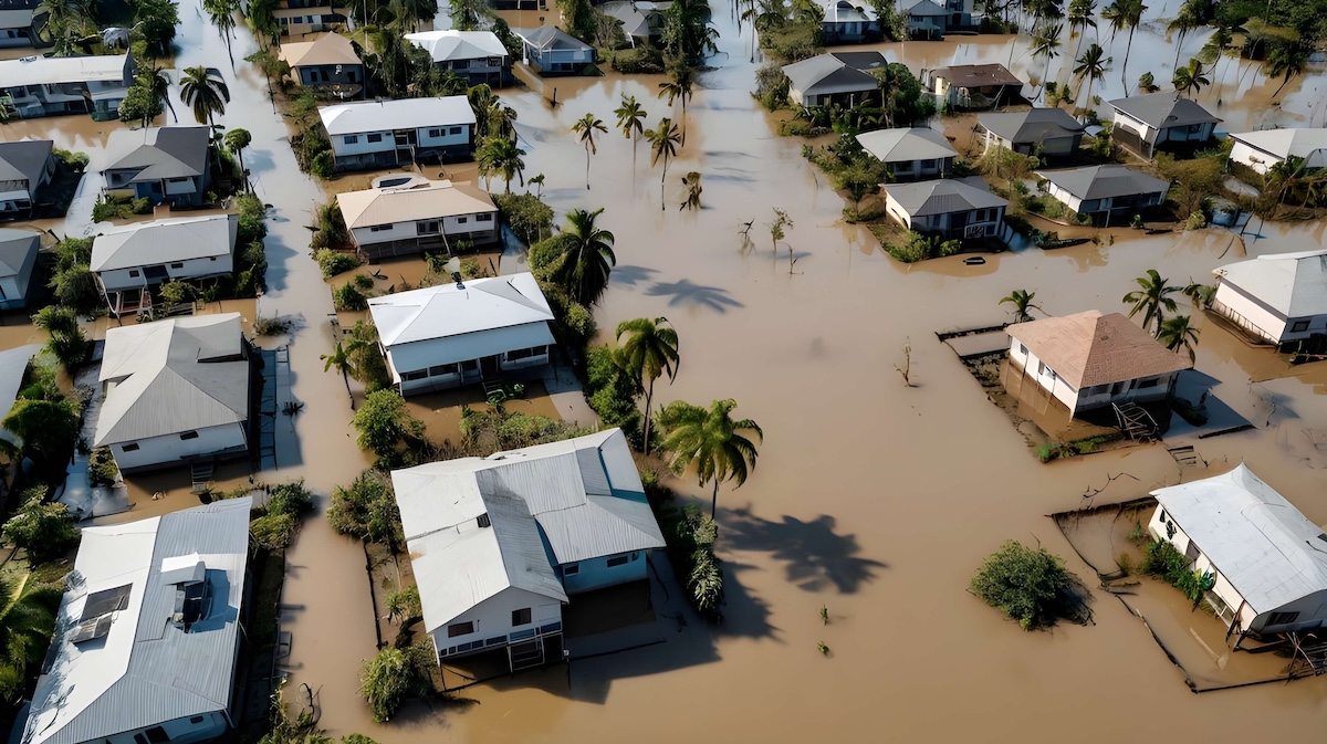 Aerial view of flooded Florida neighborhood showing homes surrounded by brown floodwater, illustrating the need for private flood insurance coverage.