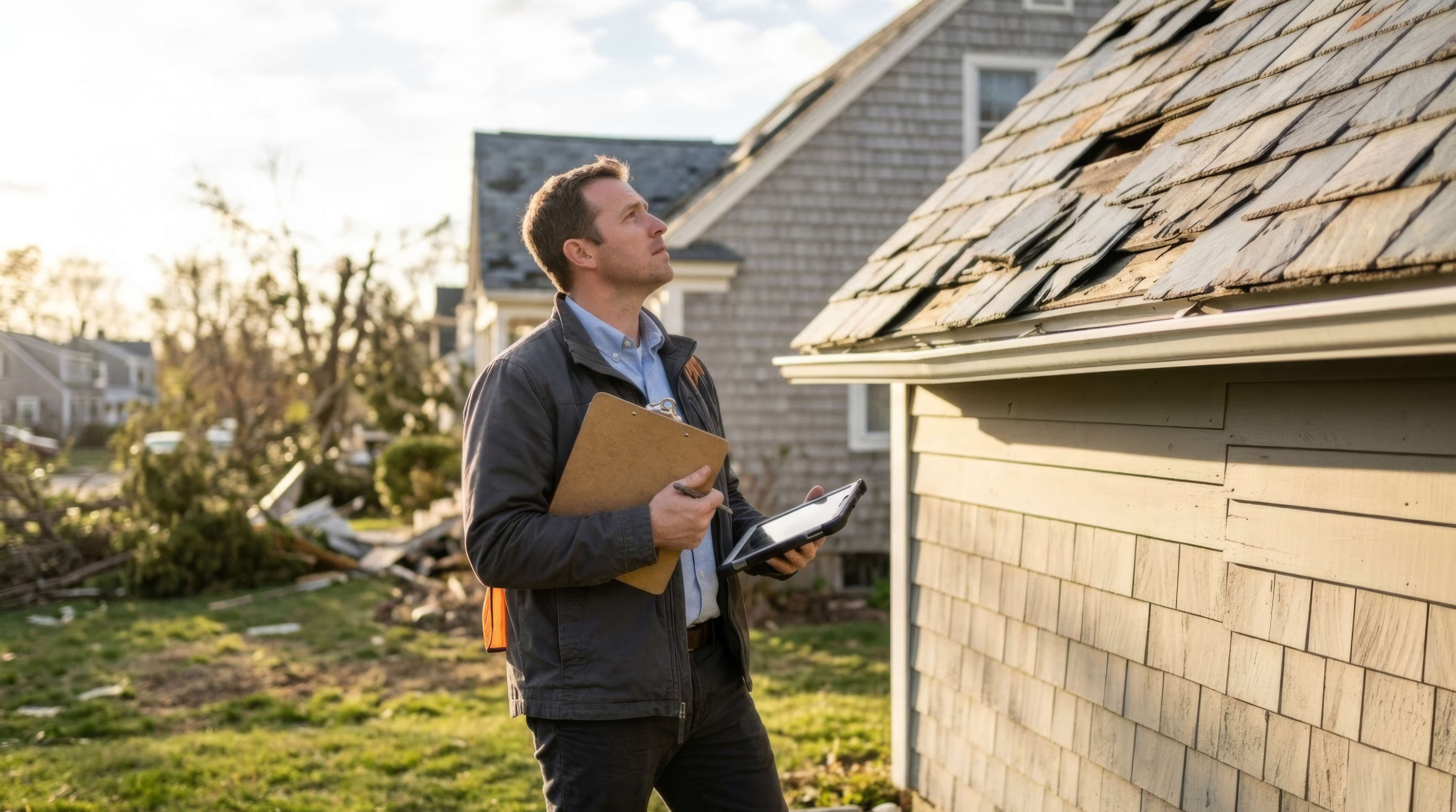 Insurance claims adjuster examining roof after storm